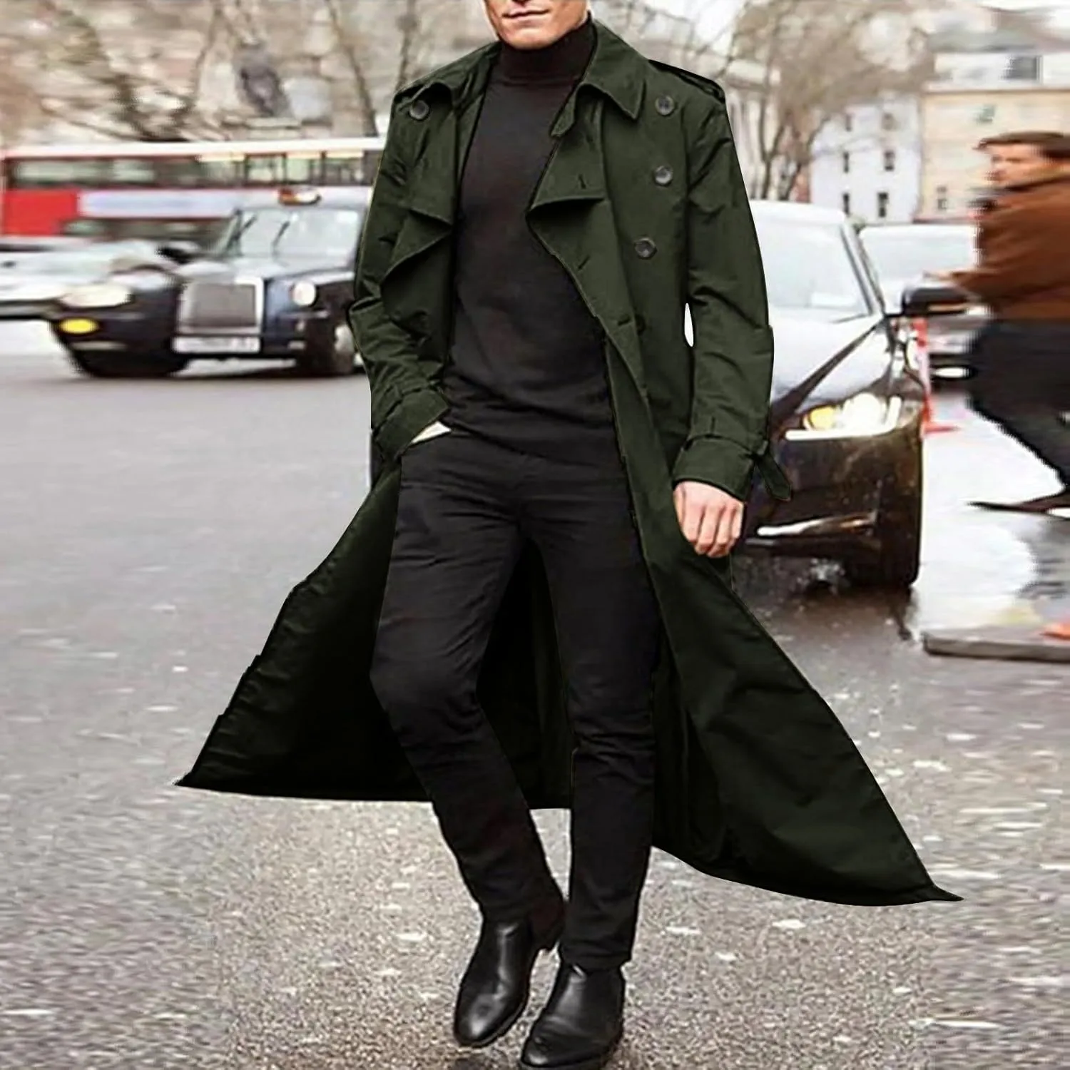 Men's Wool Blend Windbreaker Single-Breasted Notched Lapel Midi-Length Pea Top Warm Knee-Length Woolen Coat