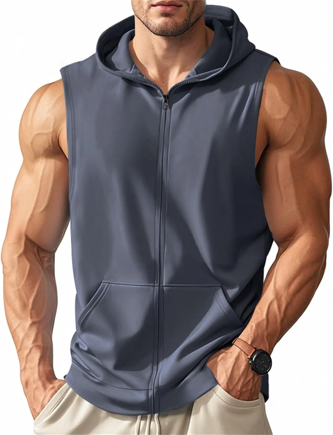 Men's Workout Hooded Tank Tops Sleeveless Bodybuilding Gym T-Shirts Full Zip Sport Fitness Training Vests Muscle Shirt