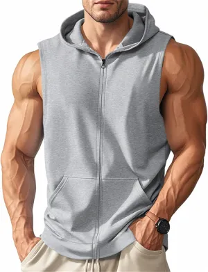 Men's Workout Hooded Tank Tops Sleeveless Bodybuilding Gym T-Shirts Full Zip Sport Fitness Training Vests Muscle Shirt
