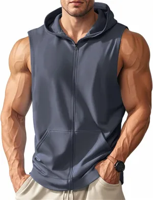 Men's Workout Hooded Tank Tops Sleeveless Bodybuilding Gym T-Shirts Full Zip Sport Fitness Training Vests Muscle Shirt