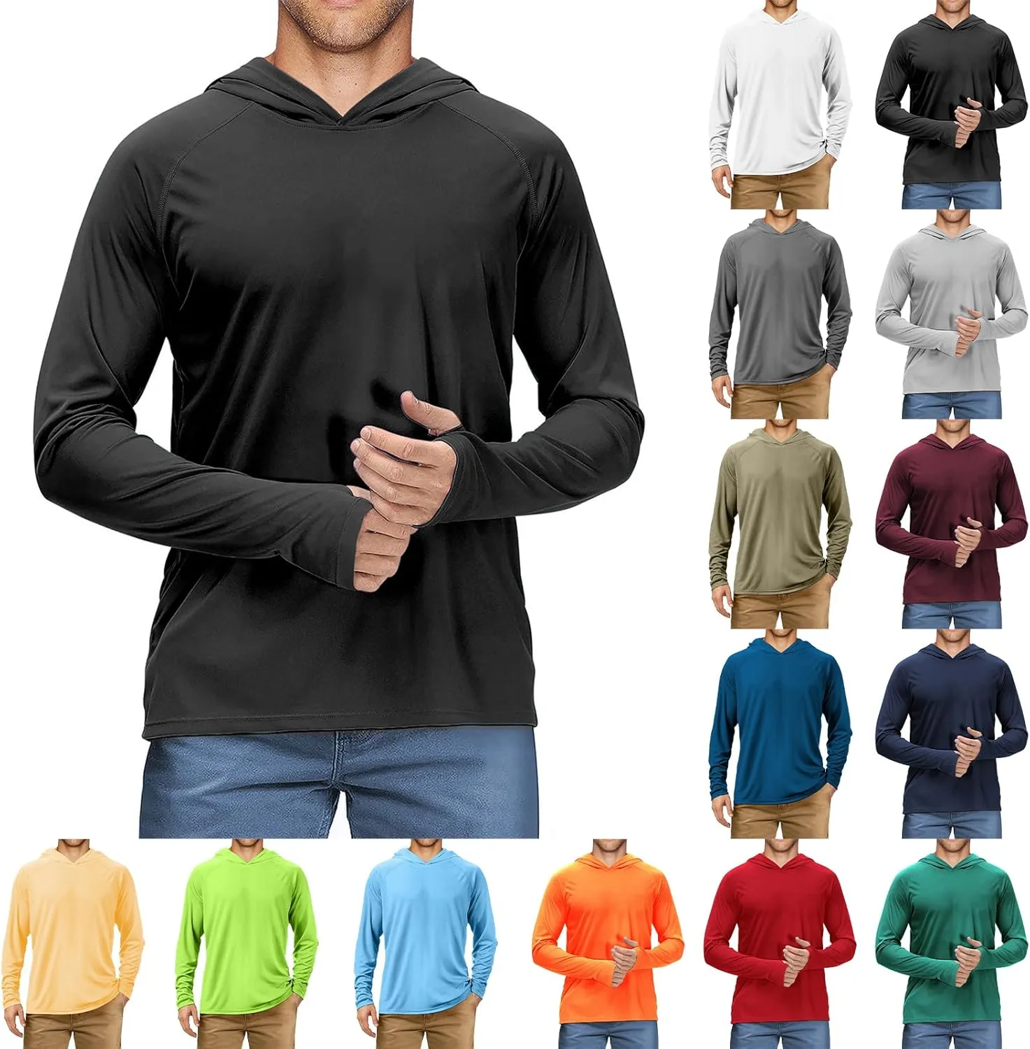 Mens Workout Shirt UPF 50  Fishing Shirts Long Sleeve UV Sun Protection Hoodie Hiking Running Swim Athletic Shirt