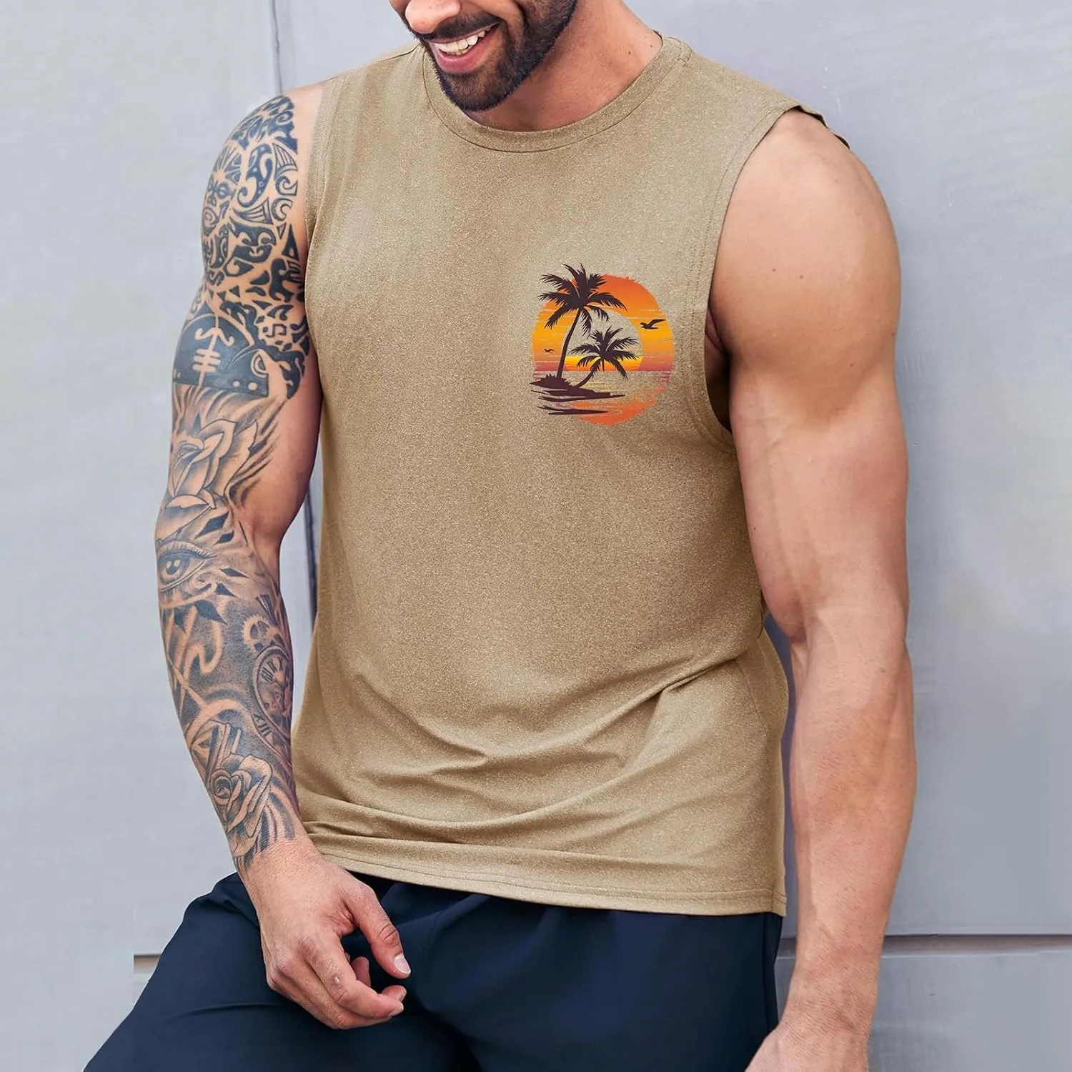 Men's Workout Sleeveless Tank Tops Stylish Gulf of Mexico Print Muscle Cut Off Shirt Summer Casual Beach Vacation Top