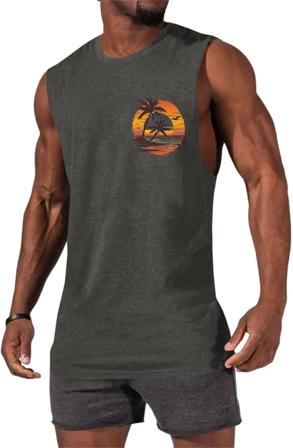 Men's Workout Sleeveless Tank Tops Stylish Gulf of Mexico Print Muscle Cut Off Shirt Summer Casual Beach Vacation Top