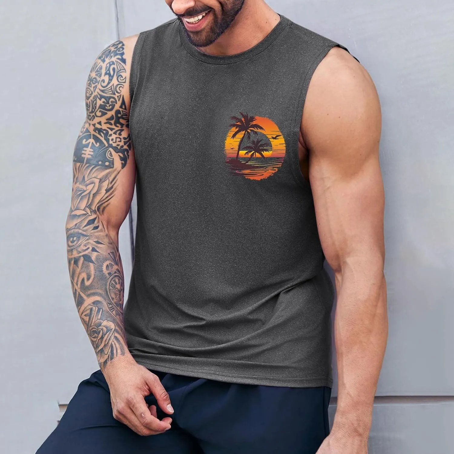 Men's Workout Sleeveless Tank Tops Stylish Gulf of Mexico Print Muscle Cut Off Shirt Summer Casual Beach Vacation Top