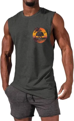 Men's Workout Sleeveless Tank Tops Stylish Gulf of Mexico Print Muscle Cut Off Shirt Summer Casual Beach Vacation Top