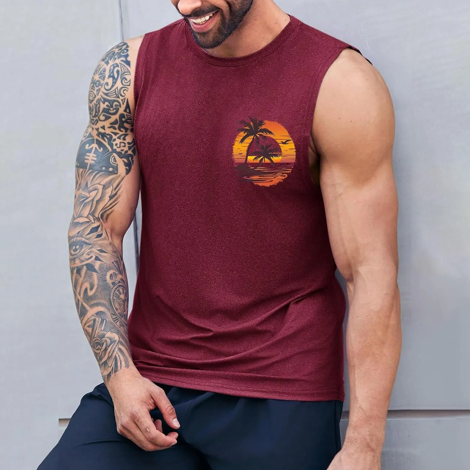 Men's Workout Sleeveless Tank Tops Stylish Gulf of Mexico Print Muscle Cut Off Shirt Summer Casual Beach Vacation Top