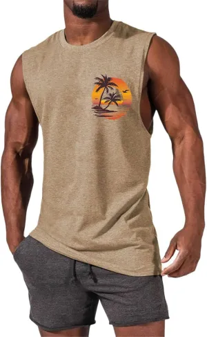 Men's Workout Sleeveless Tank Tops Stylish Gulf of Mexico Print Muscle Cut Off Shirt Summer Casual Beach Vacation Top