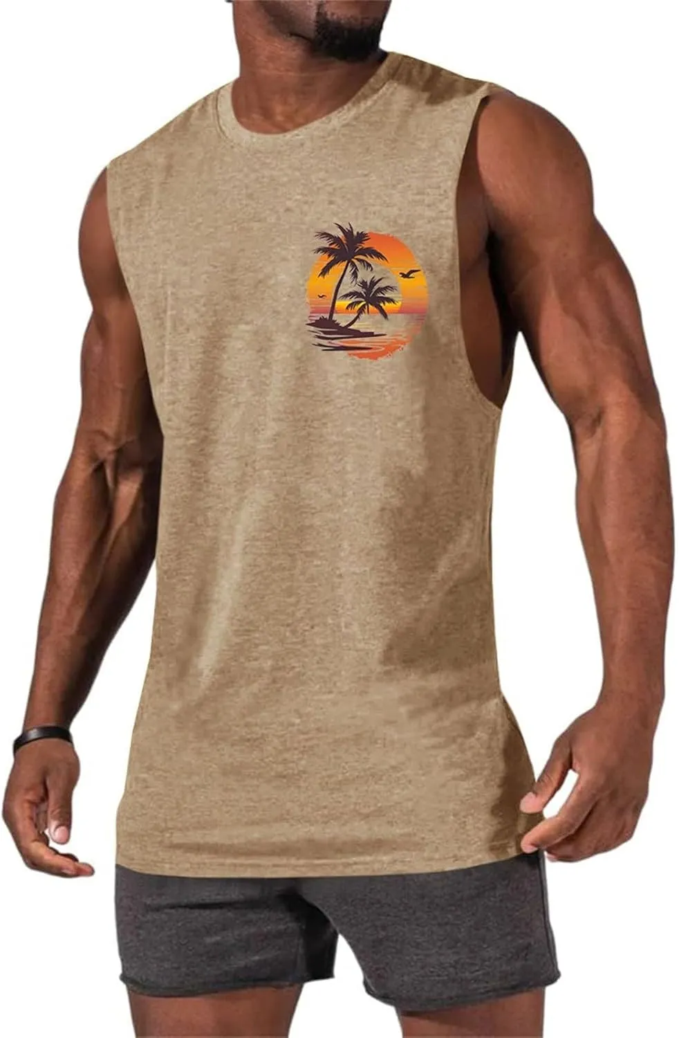 Men's Workout Sleeveless Tank Tops Stylish Gulf of Mexico Print Muscle Cut Off Shirt Summer Casual Beach Vacation Top