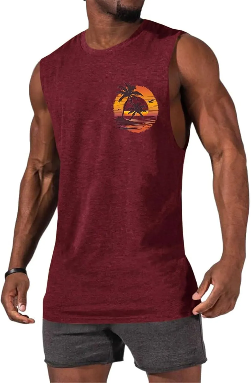 Men's Workout Sleeveless Tank Tops Stylish Gulf of Mexico Print Muscle Cut Off Shirt Summer Casual Beach Vacation Top
