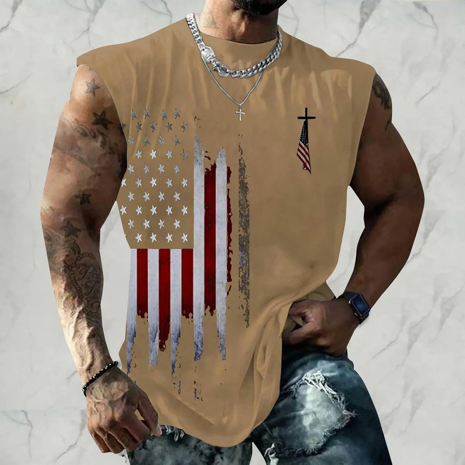 Men's Workout Tank Top Retro American Flag Graphic Tees Summer Big and Tall Moisture Wicking Sleeveless Muscle Shirts