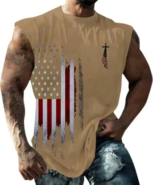 Men's Workout Tank Top Retro American Flag Graphic Tees Summer Big and Tall Moisture Wicking Sleeveless Muscle Shirts