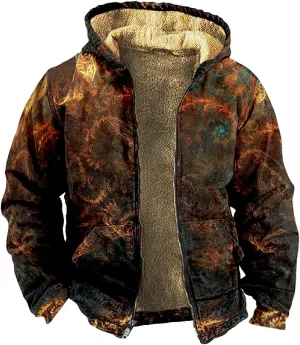 Mens Zipper Winter Dressy Sweatshirt Thickened Fleece Button Jacket Long Sleeve Print Double Insert Pocket Cotton Coat