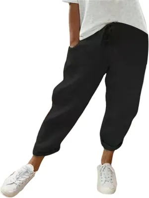 Miyaomn Women's Casual Straight Leg Linen Pants Elastic Waist Drawstring Roll Up Casual Joggers Lounge Trousers with Pockets