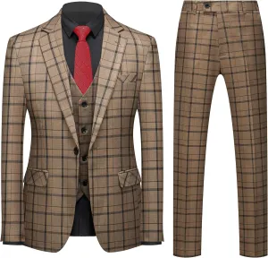 MOGU Mens 3-Piece Slim Fit Plaid Suit - Blazer, Vest, and Pants Set for Wedding, Prom, and Business