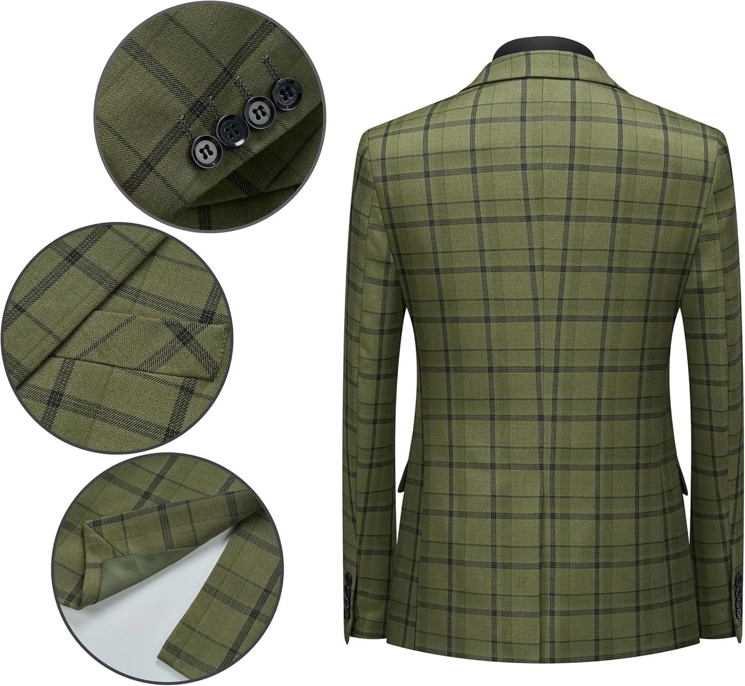 MOGU Mens 3-Piece Slim Fit Plaid Suit - Blazer, Vest, and Pants Set for Wedding, Prom, and Business