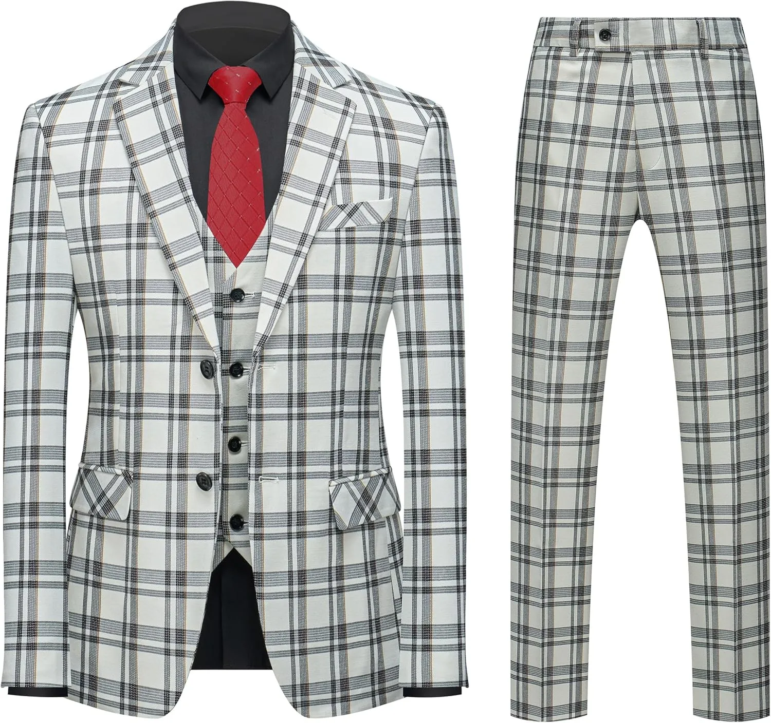 MOGU Mens 3-Piece Slim Fit Plaid Suit - Blazer, Vest, and Pants Set for Wedding, Prom, and Business