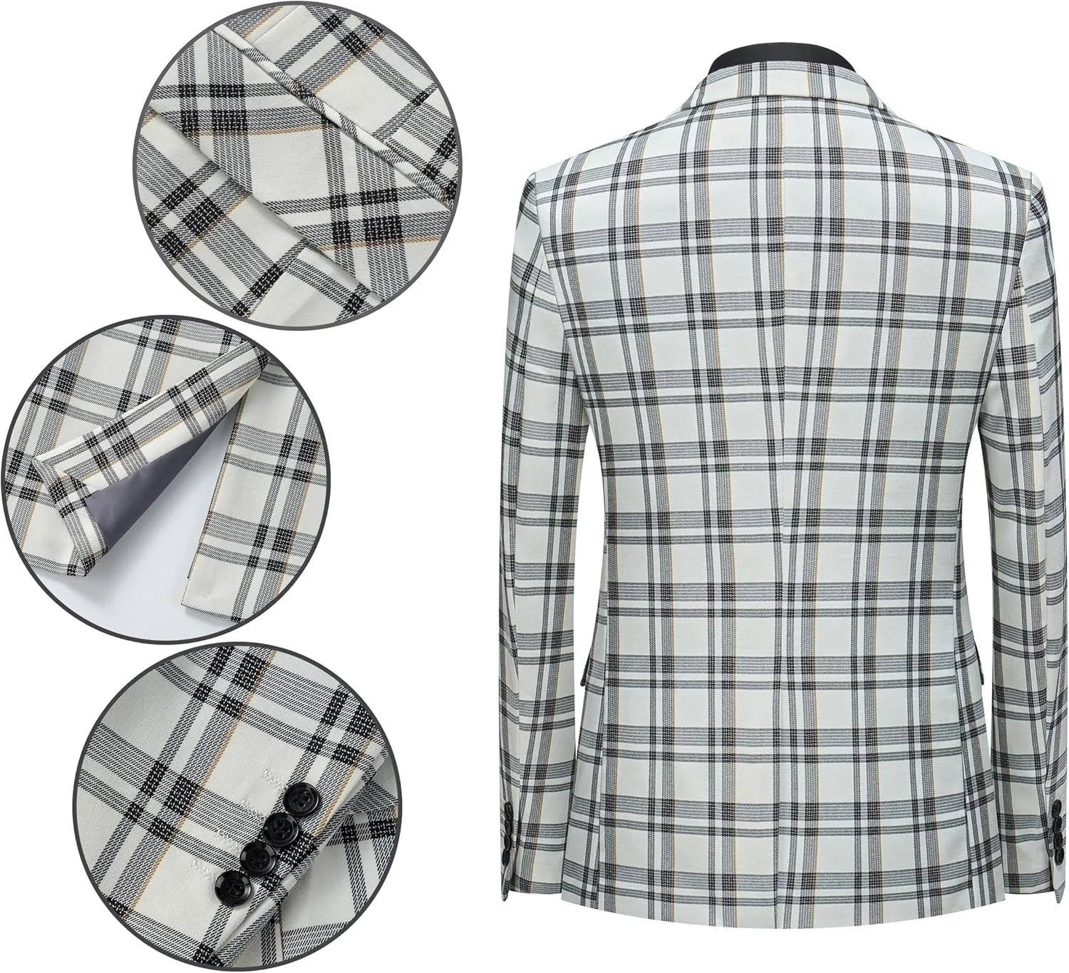 MOGU Mens 3-Piece Slim Fit Plaid Suit - Blazer, Vest, and Pants Set for Wedding, Prom, and Business