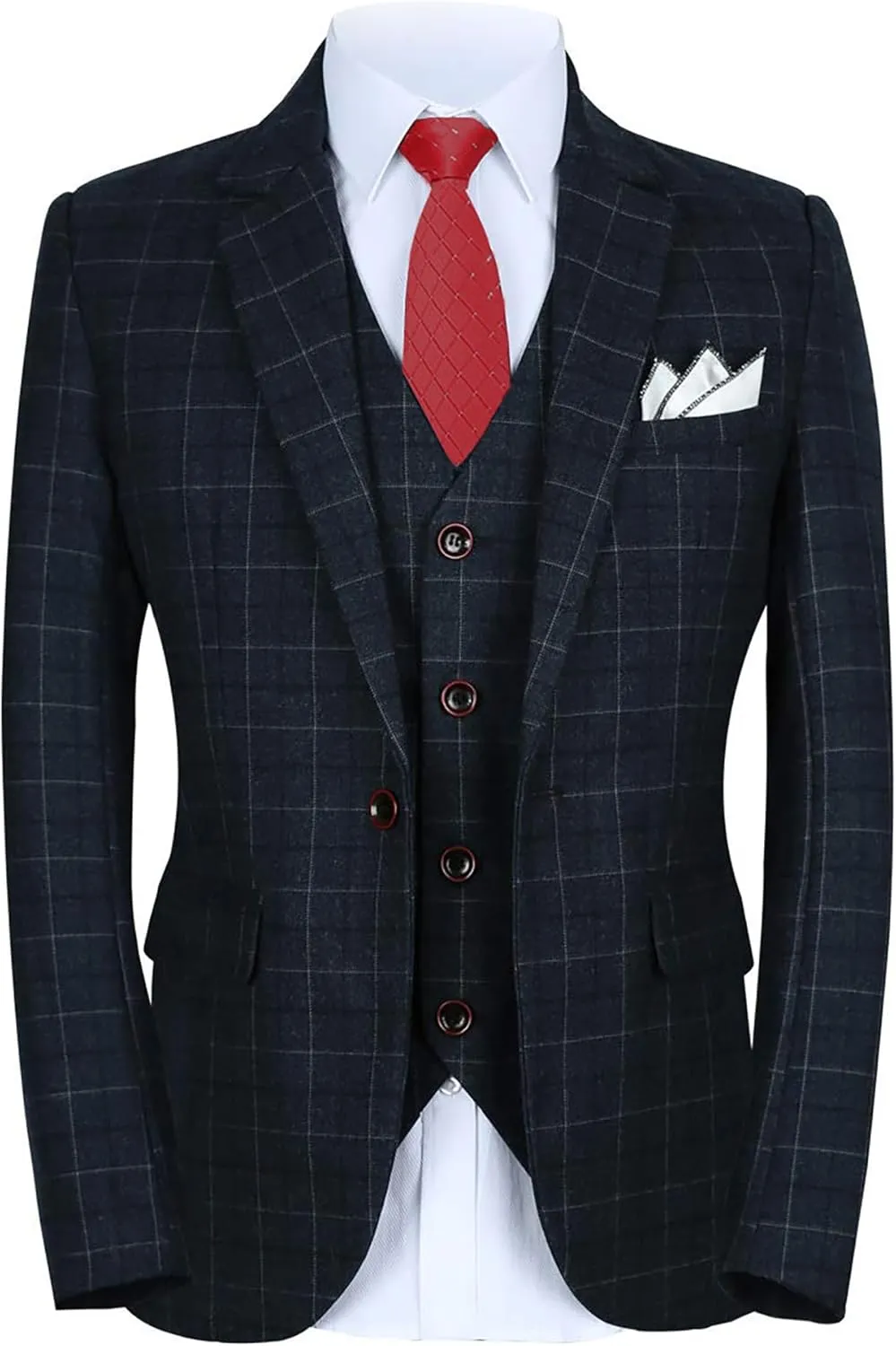 MOGU Mens 3-Piece Slim Fit Plaid Suit - Blazer, Vest, and Pants Set for Wedding, Prom, and Business