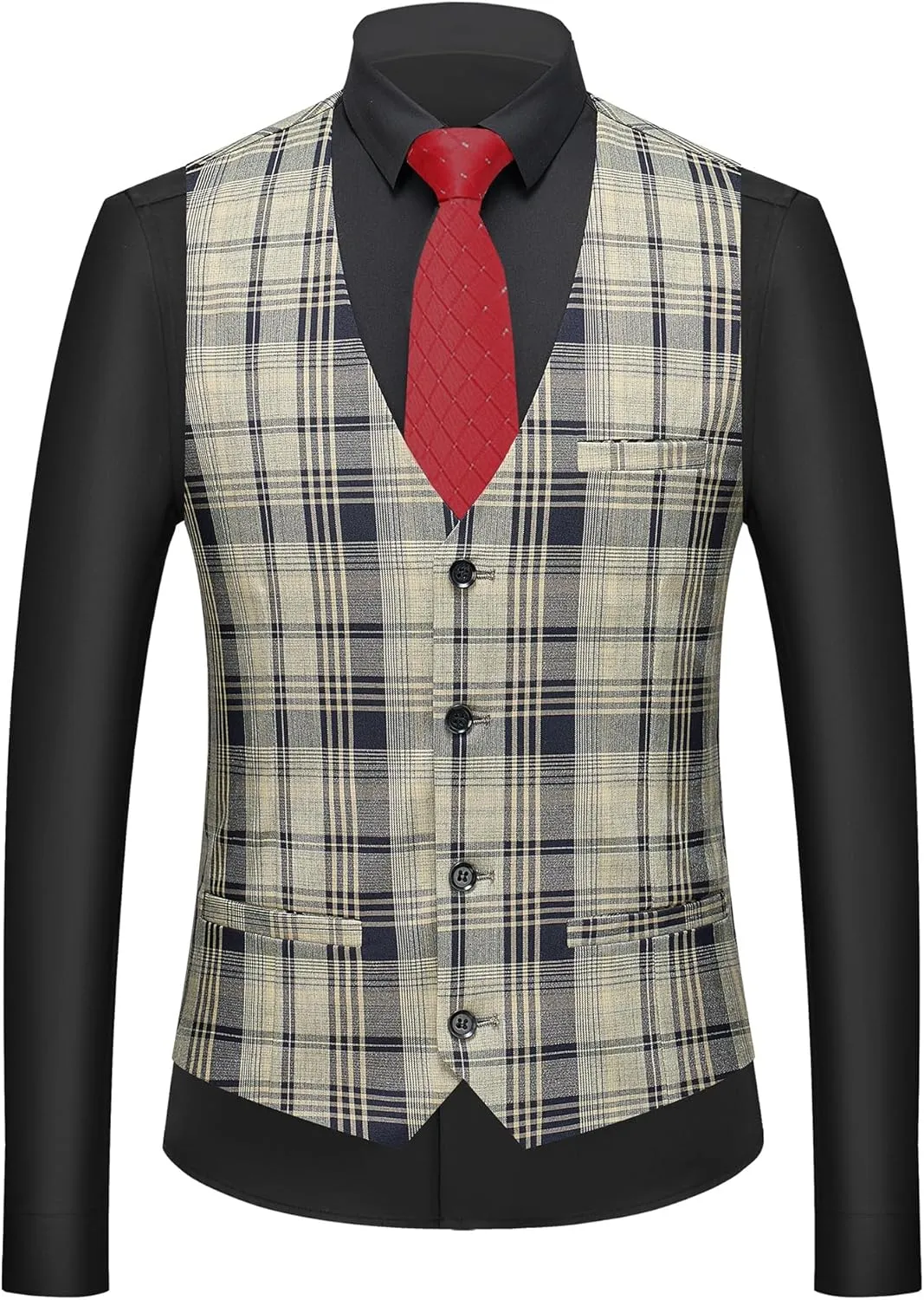 MOGU Mens 3-Piece Slim Fit Plaid Suit - Blazer, Vest, and Pants Set for Wedding, Prom, and Business