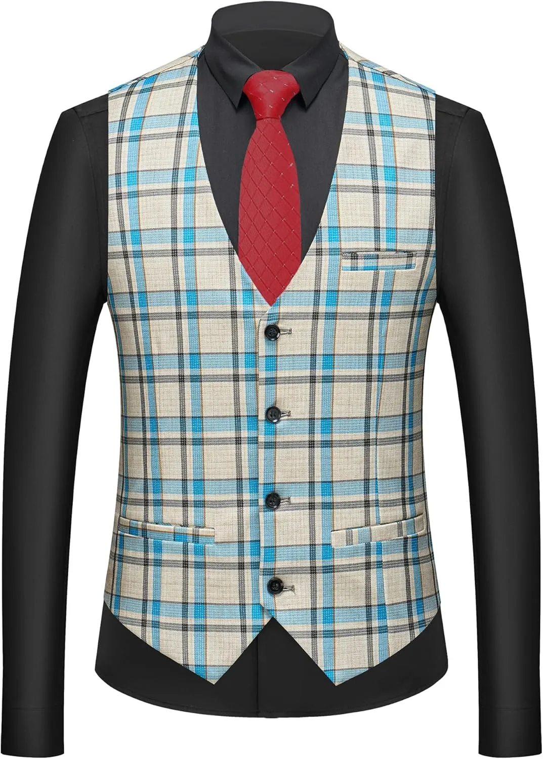 MOGU Mens 3-Piece Slim Fit Plaid Suit - Blazer, Vest, and Pants Set for Wedding, Prom, and Business