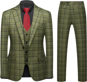 MOGU Mens 3-Piece Slim Fit Plaid Suit - Blazer, Vest, and Pants Set for Wedding, Prom, and Business