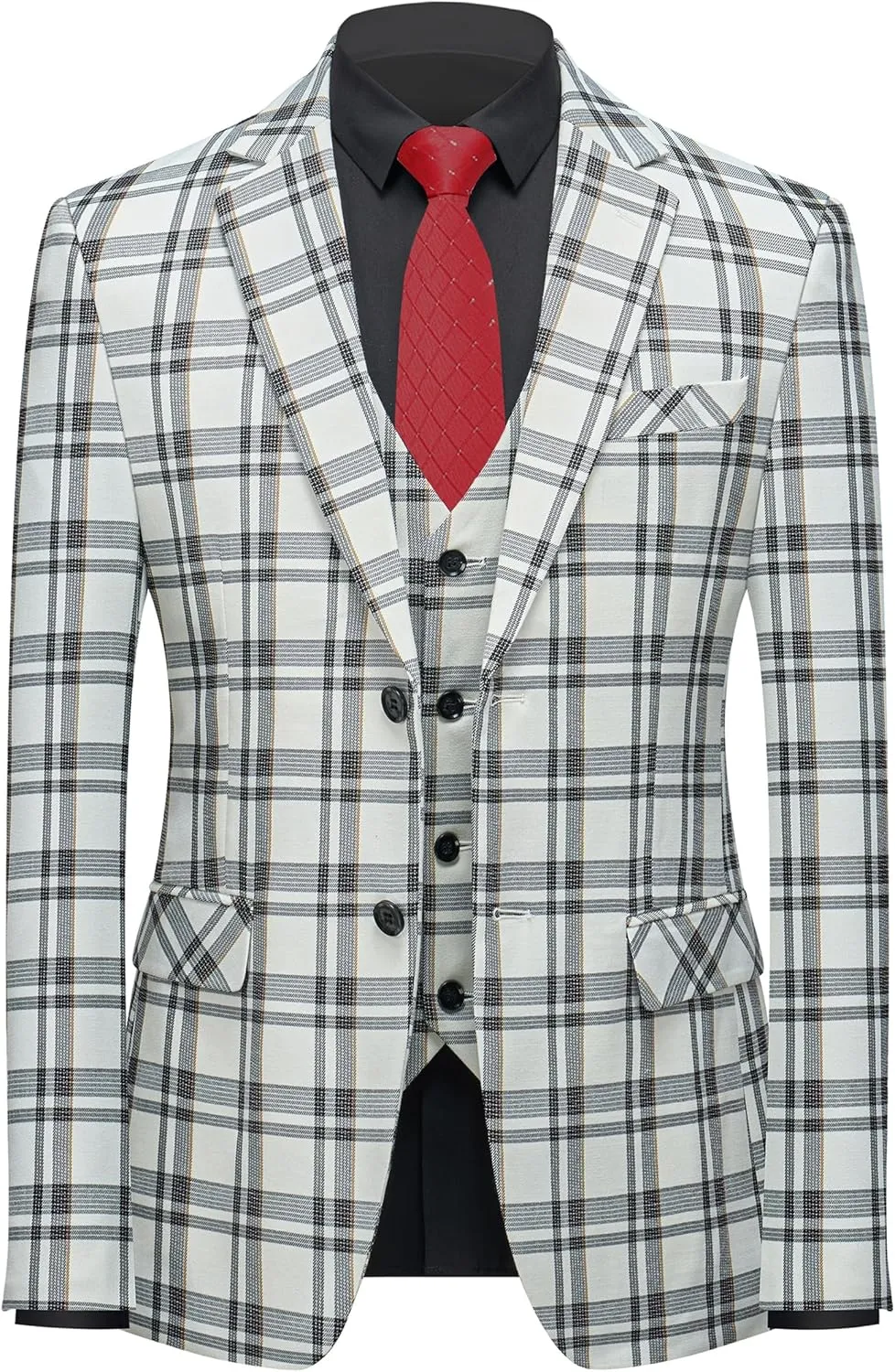 MOGU Mens 3-Piece Slim Fit Plaid Suit - Blazer, Vest, and Pants Set for Wedding, Prom, and Business