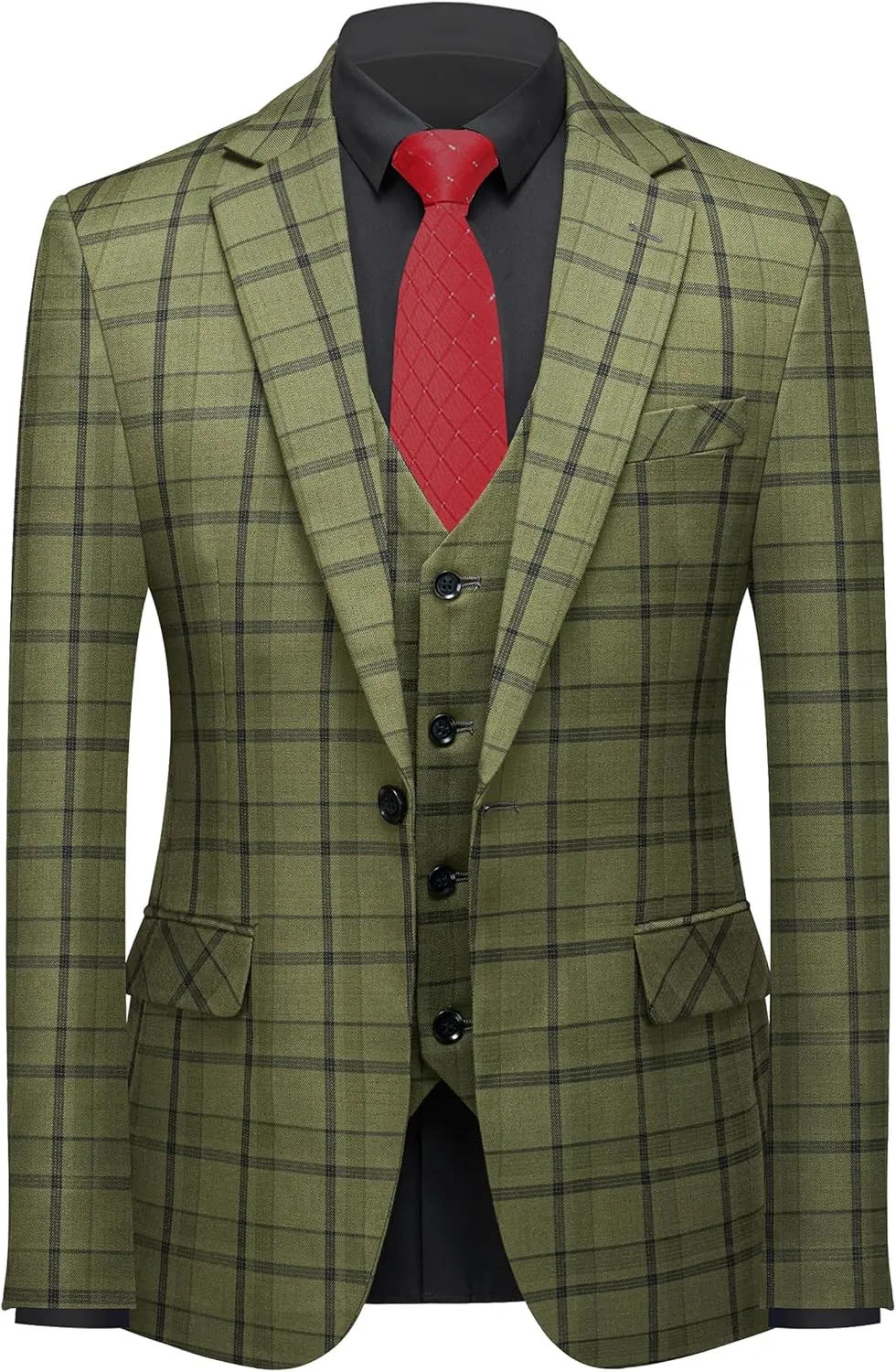 MOGU Mens 3-Piece Slim Fit Plaid Suit - Blazer, Vest, and Pants Set for Wedding, Prom, and Business