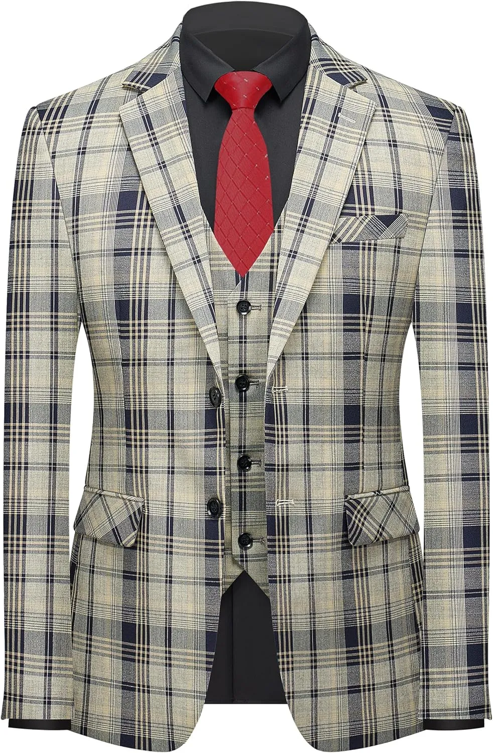 MOGU Mens 3-Piece Slim Fit Plaid Suit - Blazer, Vest, and Pants Set for Wedding, Prom, and Business
