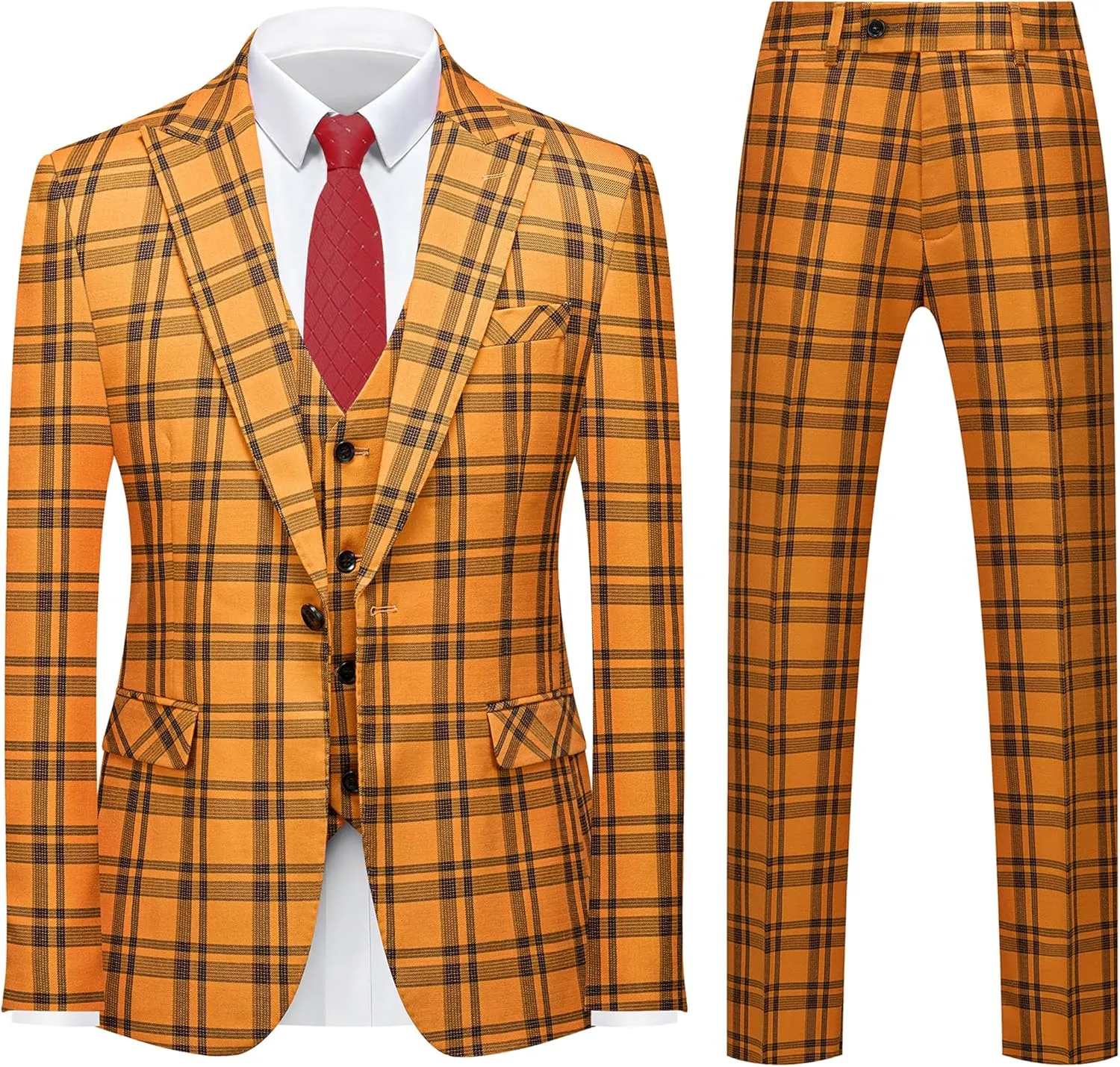 MOGU Mens 3-Piece Slim Fit Plaid Suit - Blazer, Vest, and Pants Set for Wedding, Prom, and Business
