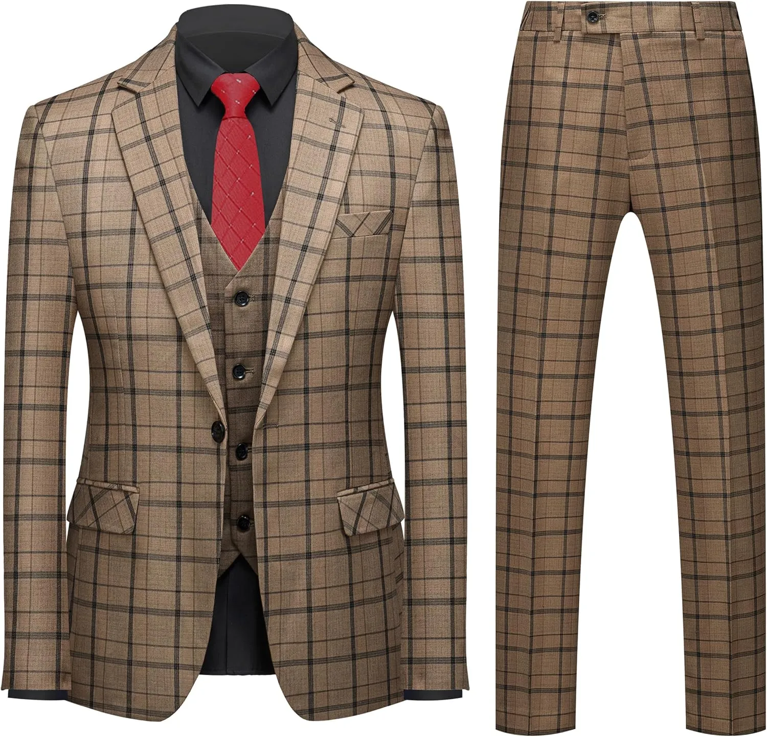 MOGU Mens 3-Piece Slim Fit Plaid Suit - Blazer, Vest, and Pants Set for Wedding, Prom, and Business