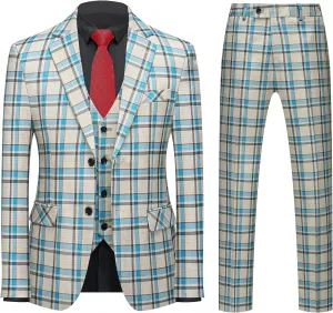 MOGU Mens 3-Piece Slim Fit Plaid Suit - Blazer, Vest, and Pants Set for Wedding, Prom, and Business
