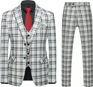 MOGU Mens 3-Piece Slim Fit Plaid Suit - Blazer, Vest, and Pants Set for Wedding, Prom, and Business