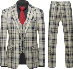 MOGU Mens 3-Piece Slim Fit Plaid Suit - Blazer, Vest, and Pants Set for Wedding, Prom, and Business