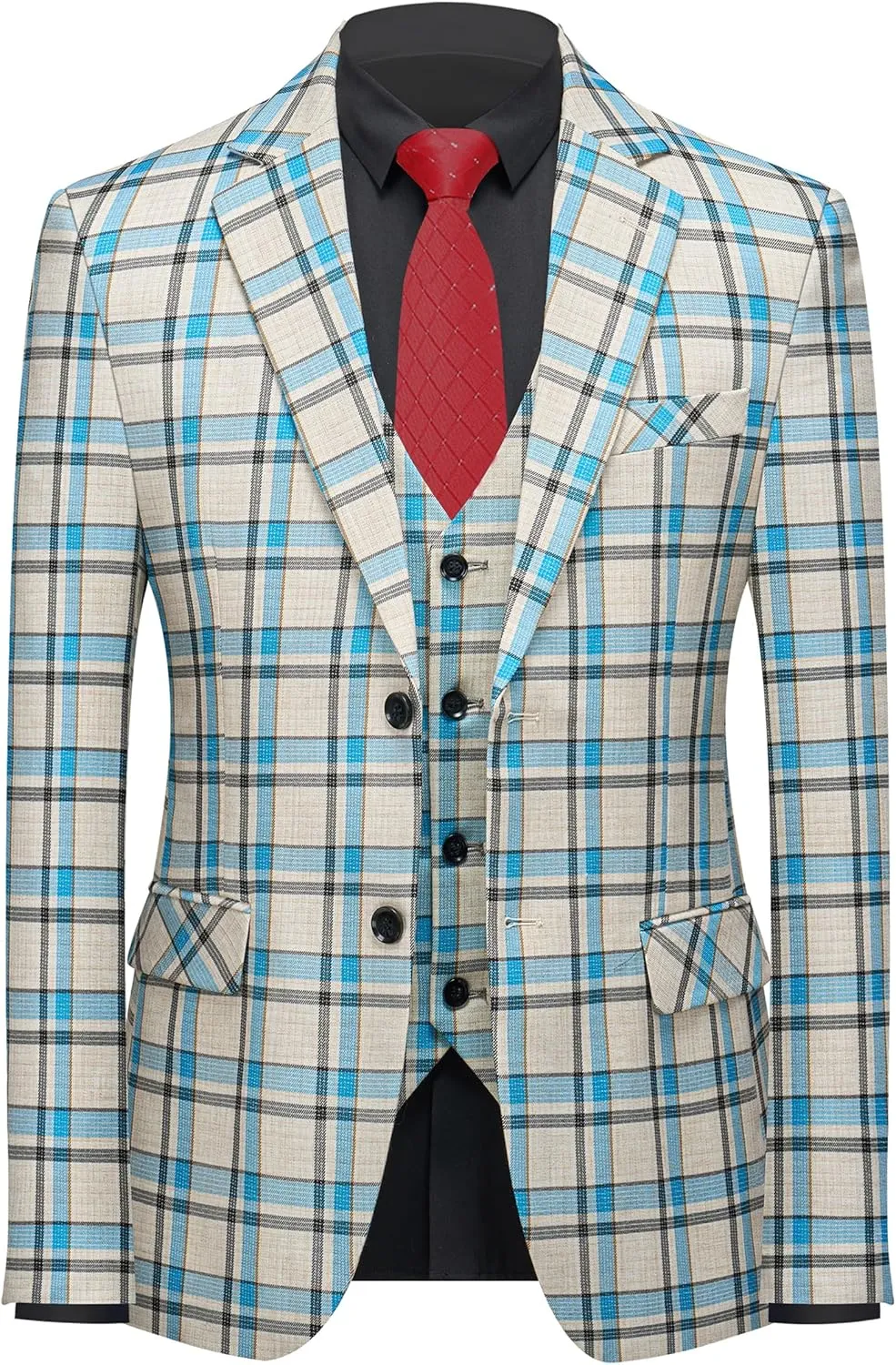 MOGU Mens 3-Piece Slim Fit Plaid Suit - Blazer, Vest, and Pants Set for Wedding, Prom, and Business