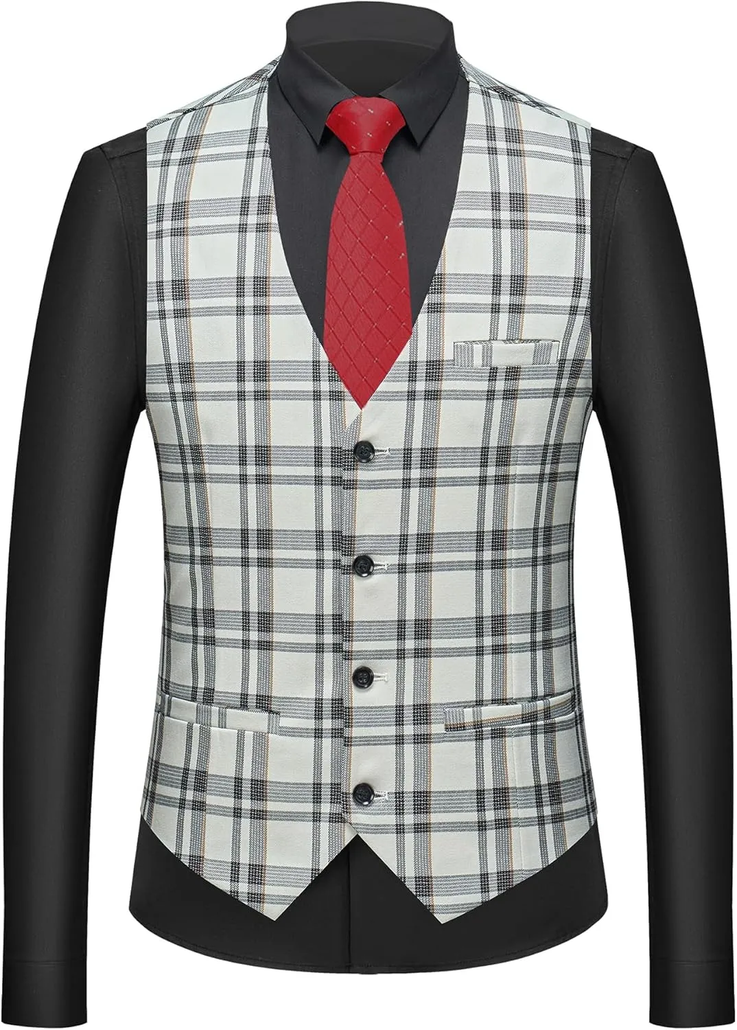 MOGU Mens 3-Piece Slim Fit Plaid Suit - Blazer, Vest, and Pants Set for Wedding, Prom, and Business