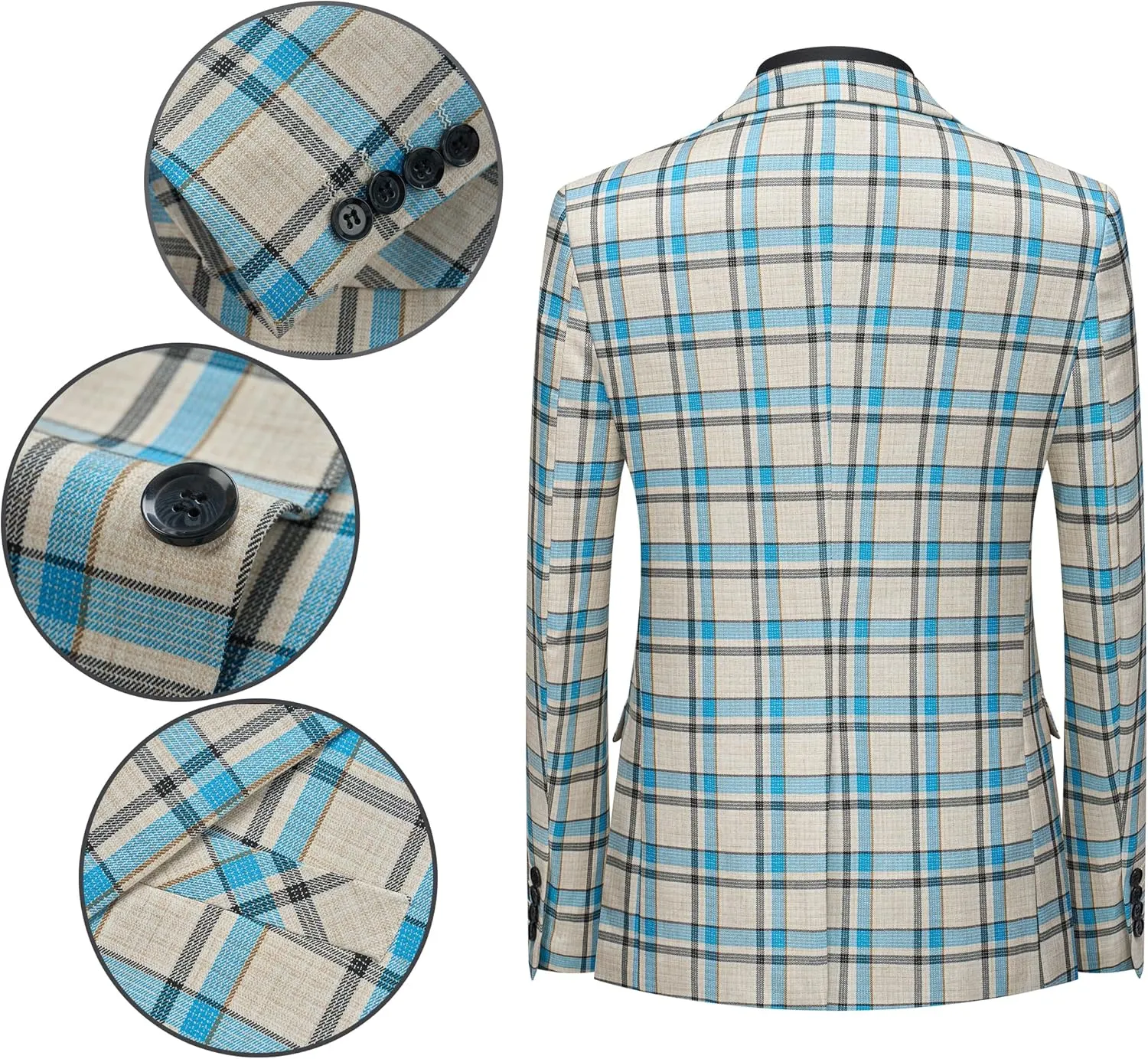 MOGU Mens 3-Piece Slim Fit Plaid Suit - Blazer, Vest, and Pants Set for Wedding, Prom, and Business