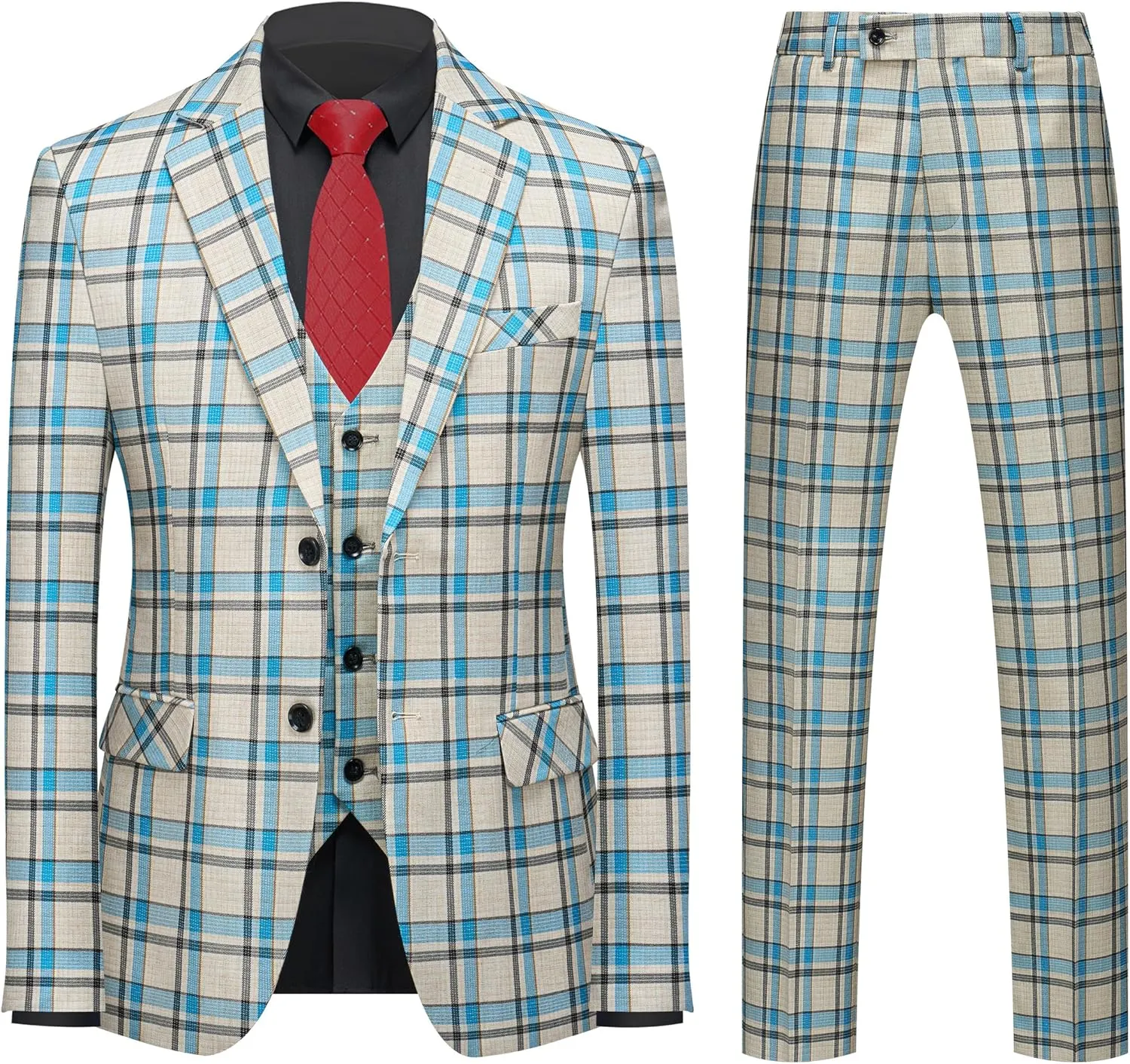 MOGU Mens 3-Piece Slim Fit Plaid Suit - Blazer, Vest, and Pants Set for Wedding, Prom, and Business