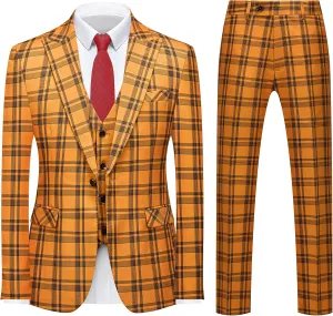 MOGU Mens 3-Piece Slim Fit Plaid Suit - Blazer, Vest, and Pants Set for Wedding, Prom, and Business