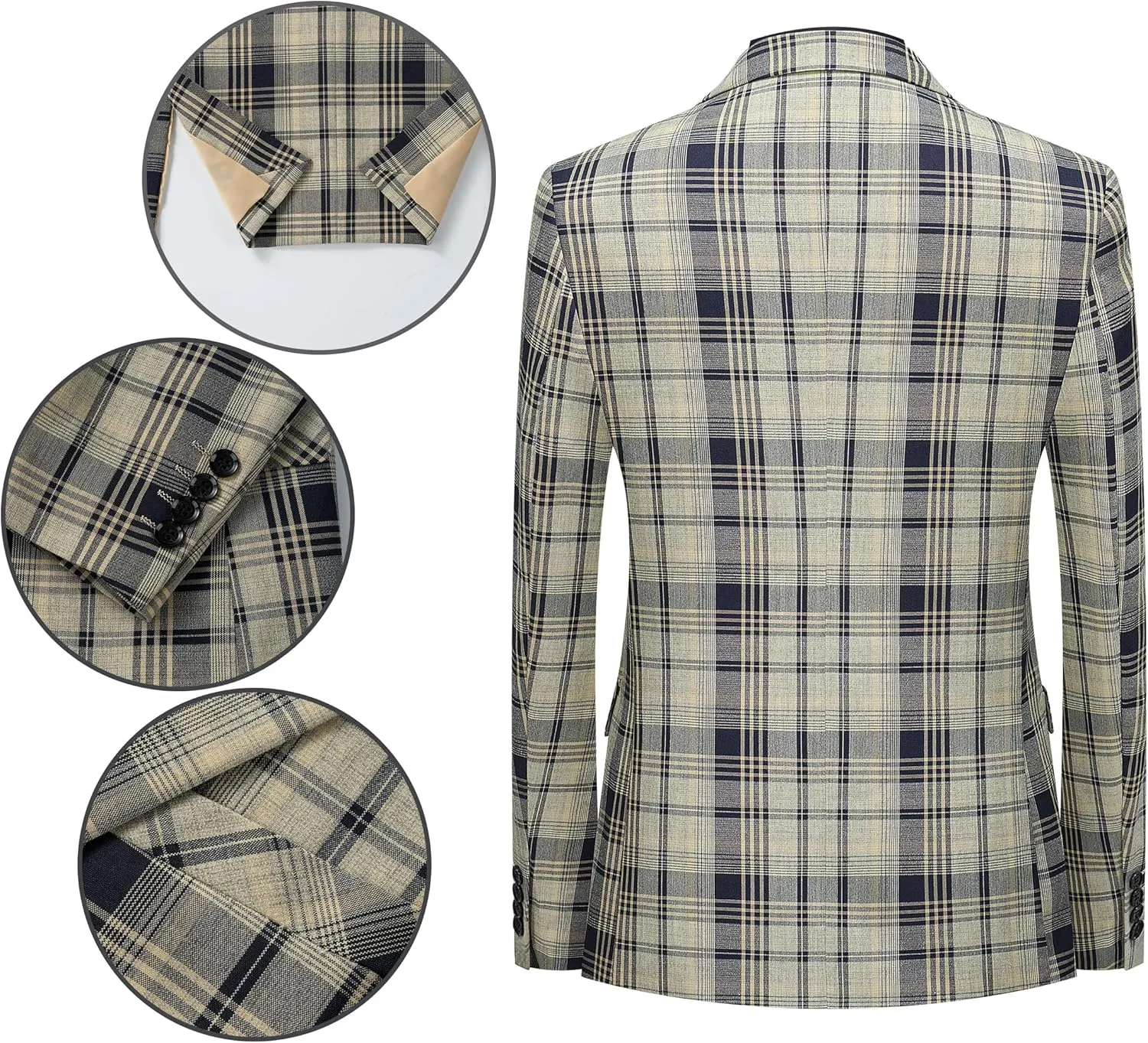 MOGU Mens 3-Piece Slim Fit Plaid Suit - Blazer, Vest, and Pants Set for Wedding, Prom, and Business