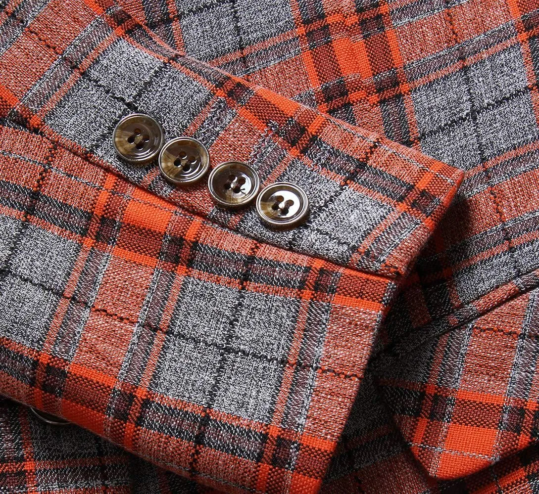 MOGU Mens Three Piece Slim Fit Plaid Suit Blazer Jacket Vest Pants