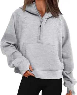 Molilove Women Sweatshirts Half Zip Cropped Pullover Fleece Solid Zipper Hoodies Fall Clothes Thumb Hole Pockets Gray