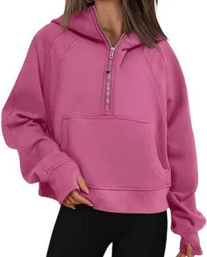 Molilove Women Sweatshirts Half Zip Cropped Pullover Fleece Solid Zipper Hoodies Fall Clothes Thumb Hole Pockets Rose