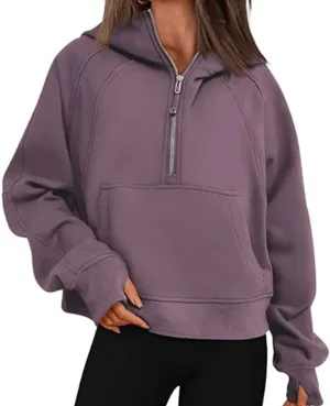 Molilove Womens Sweatshirts Half Zip Cropped Pullover Fleece Zipper Hoodies Fall Clothes Thumb Hole Pockets
