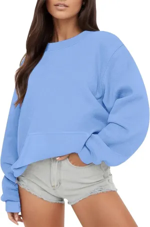 Oversized Crewneck Sweatshirts Fall Loose Fit Pullover Sweater with Pockets Fashion Street Cozy Activewear Tunics Tops
