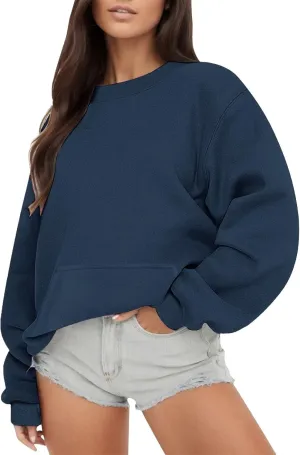 Oversized Crewneck Sweatshirts Fall Loose Fit Pullover Sweater with Pockets Fashion Street Cozy Activewear Tunics Tops