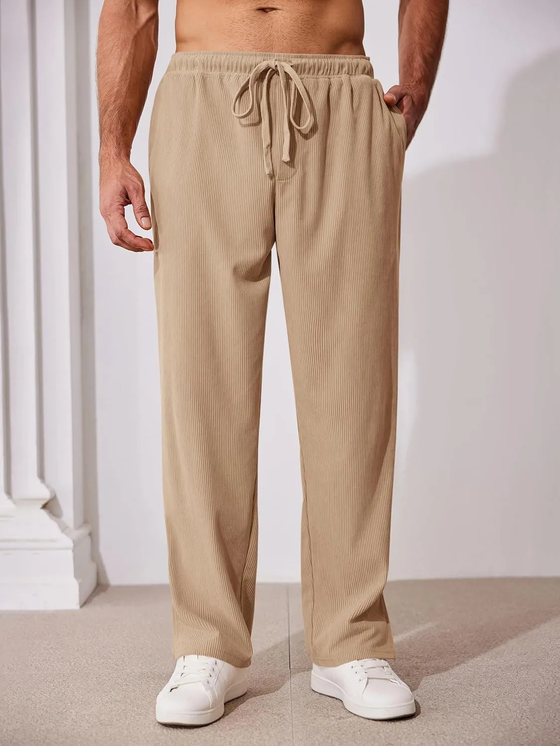 PASLTER Mens Corduroy Pants Elastic Waist Drawstring Loose Casual Cotton Trousers Relaxed Fit Slacks