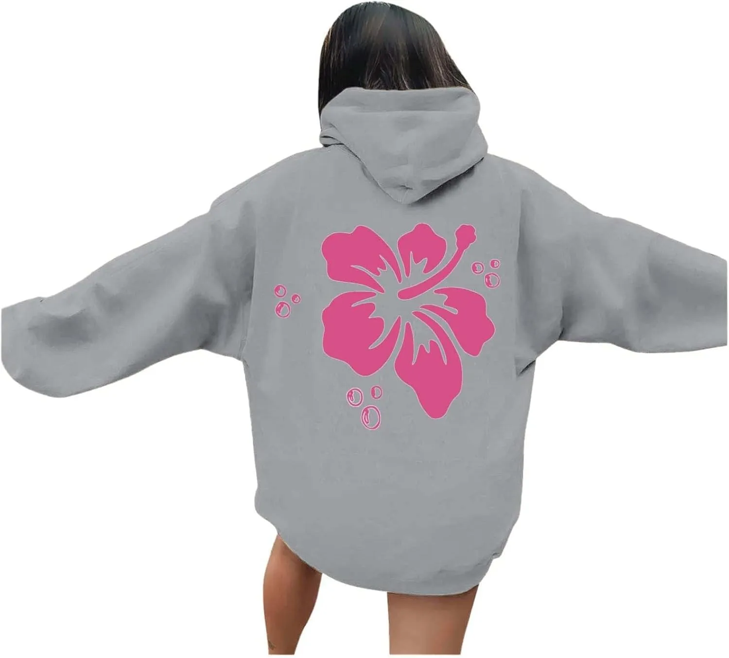 Pink Graphic Hoodie For Women 2024 Cute Preppy Hoodies Teen Girls Oversized Sweatshirt Y2k Drawstring Pullover With Pockets