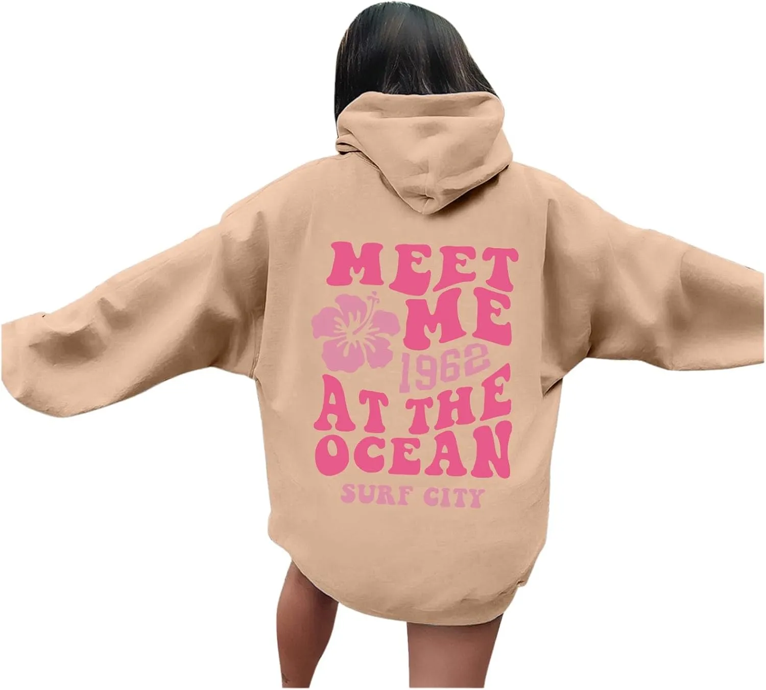 Pink Hoodie for Teen Girls Long Sleeve Preppy Casual Graphic Sweatshirts Drawstring Pullover Cute Oversized Hoodie