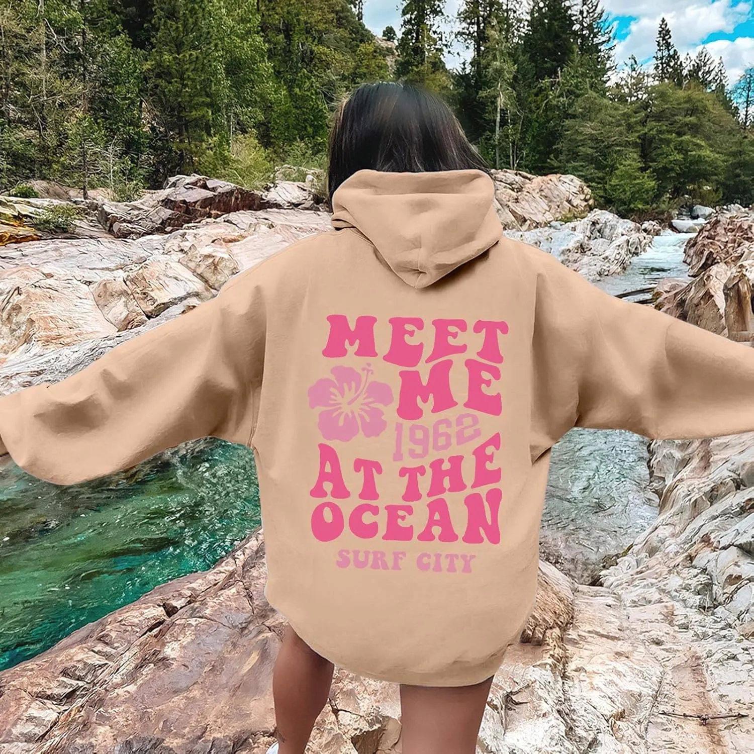 Pink Hoodie for Teen Girls Long Sleeve Preppy Casual Graphic Sweatshirts Drawstring Pullover Cute Oversized Hoodie