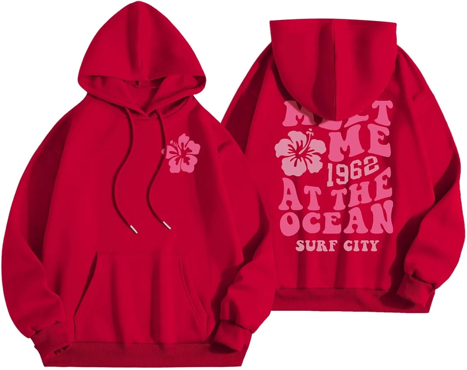 Pink Hoodie for Teen Girls Long Sleeve Preppy Casual Graphic Sweatshirts Drawstring Pullover Cute Oversized Hoodie